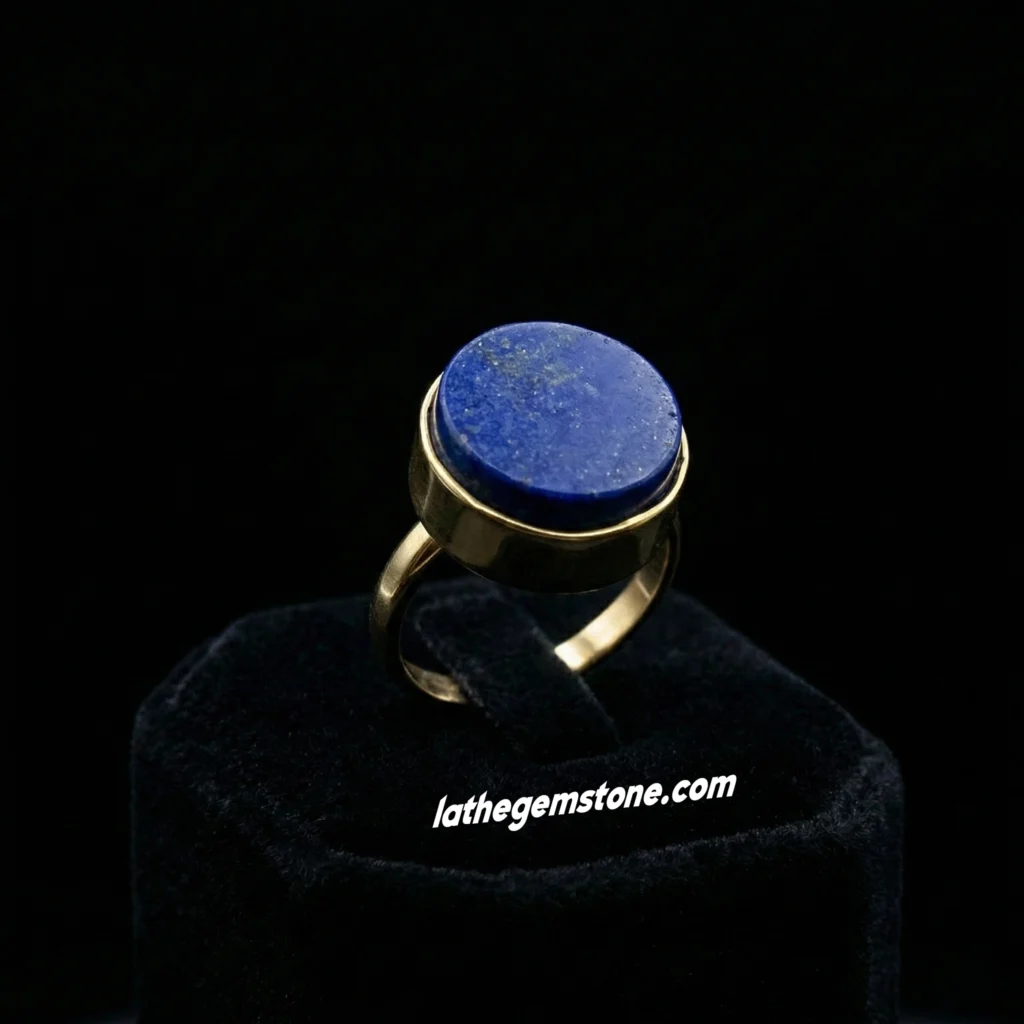 انگشتر سنگ لاجورد اصل دایره ای با رکاب طلایی در زمینه مشکی
